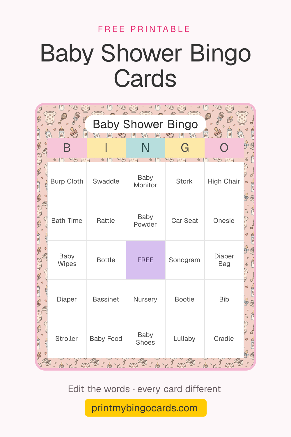 A printable 5×5 baby shower bingo card with Burp Cloth, Swaddle, Baby Monitor and 21 more squares around a free space