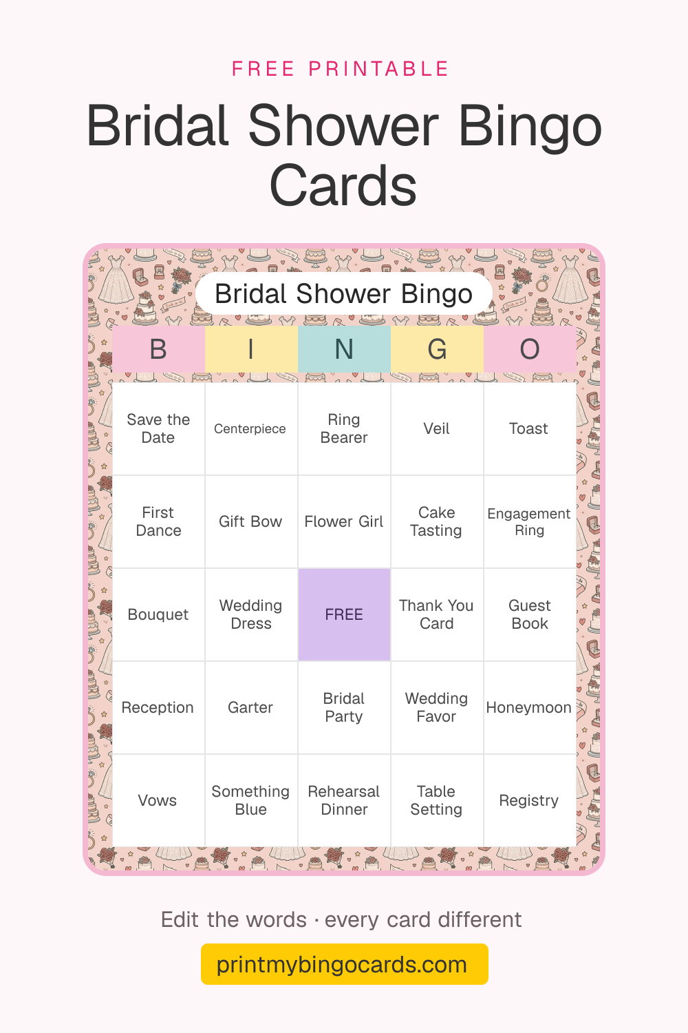 A printable 5×5 bridal shower bingo card with Save the Date, Centerpiece, Ring Bearer and 21 more squares around a free space