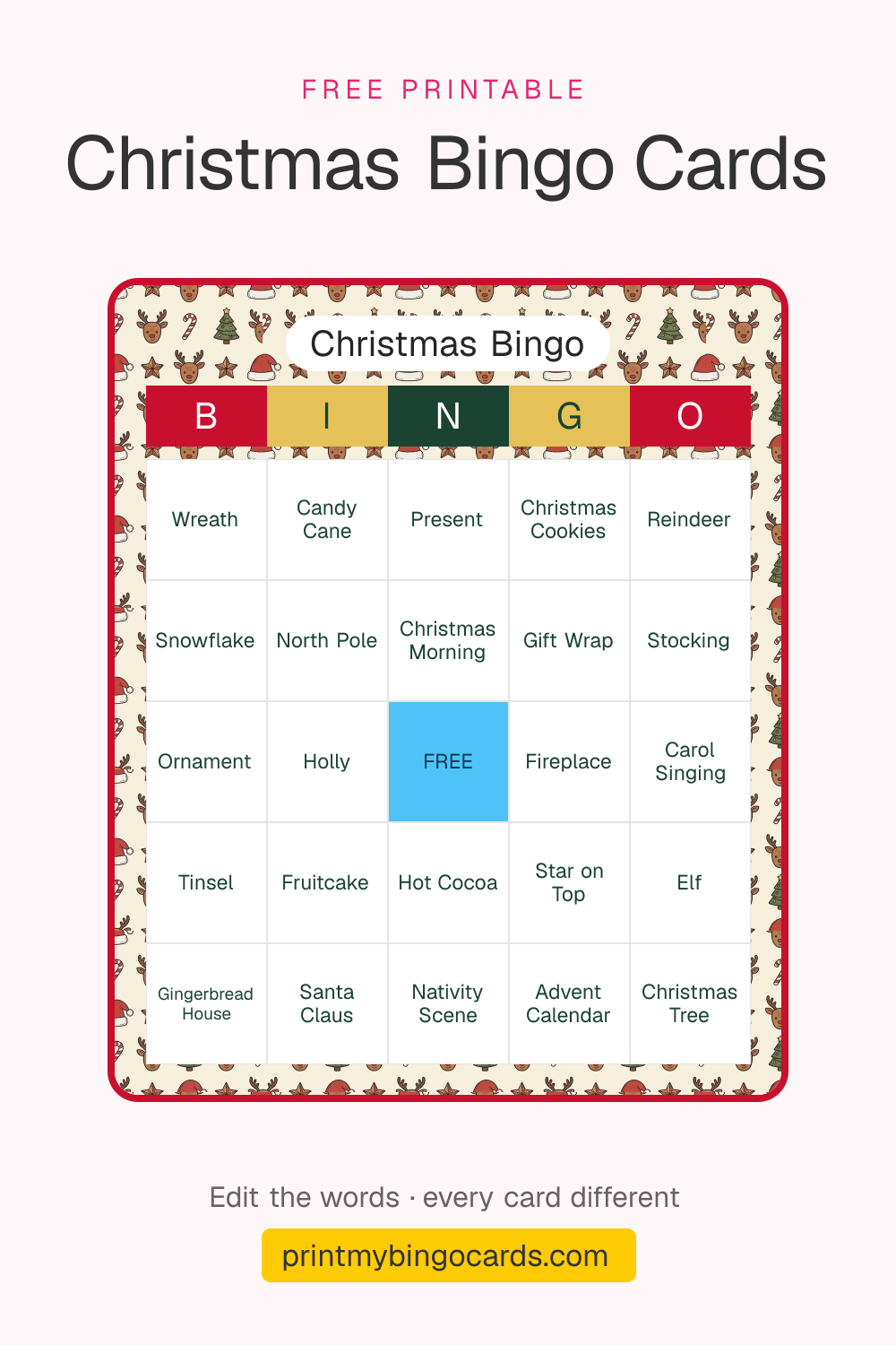 A printable 5×5 Christmas bingo card with Wreath, Candy Cane, Present and 21 more squares around a free space
