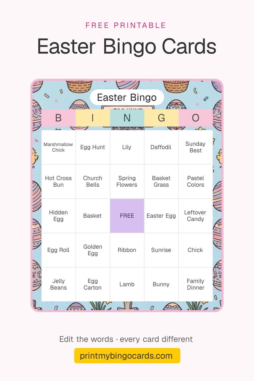 A printable 5×5 Easter bingo card with Marshmallow Chick, Egg Hunt, Lily and 21 more squares around a free space