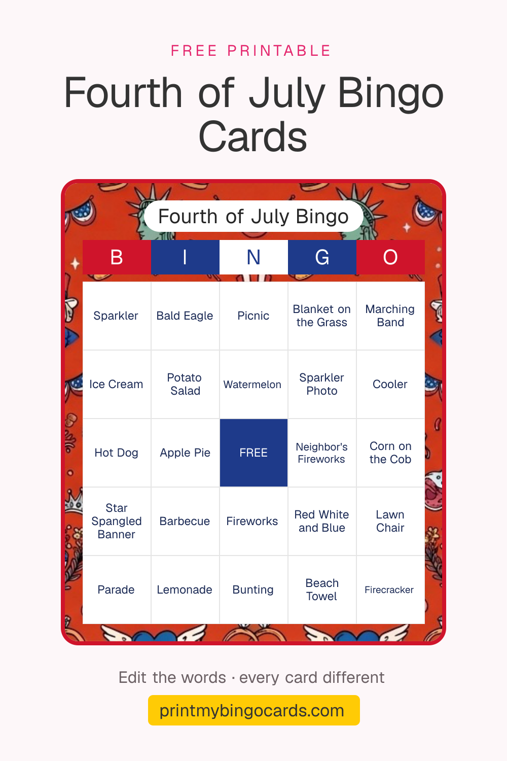 A printable 5×5 Fourth of July bingo card with Sparkler, Bald Eagle, Picnic and 21 more squares around a free space