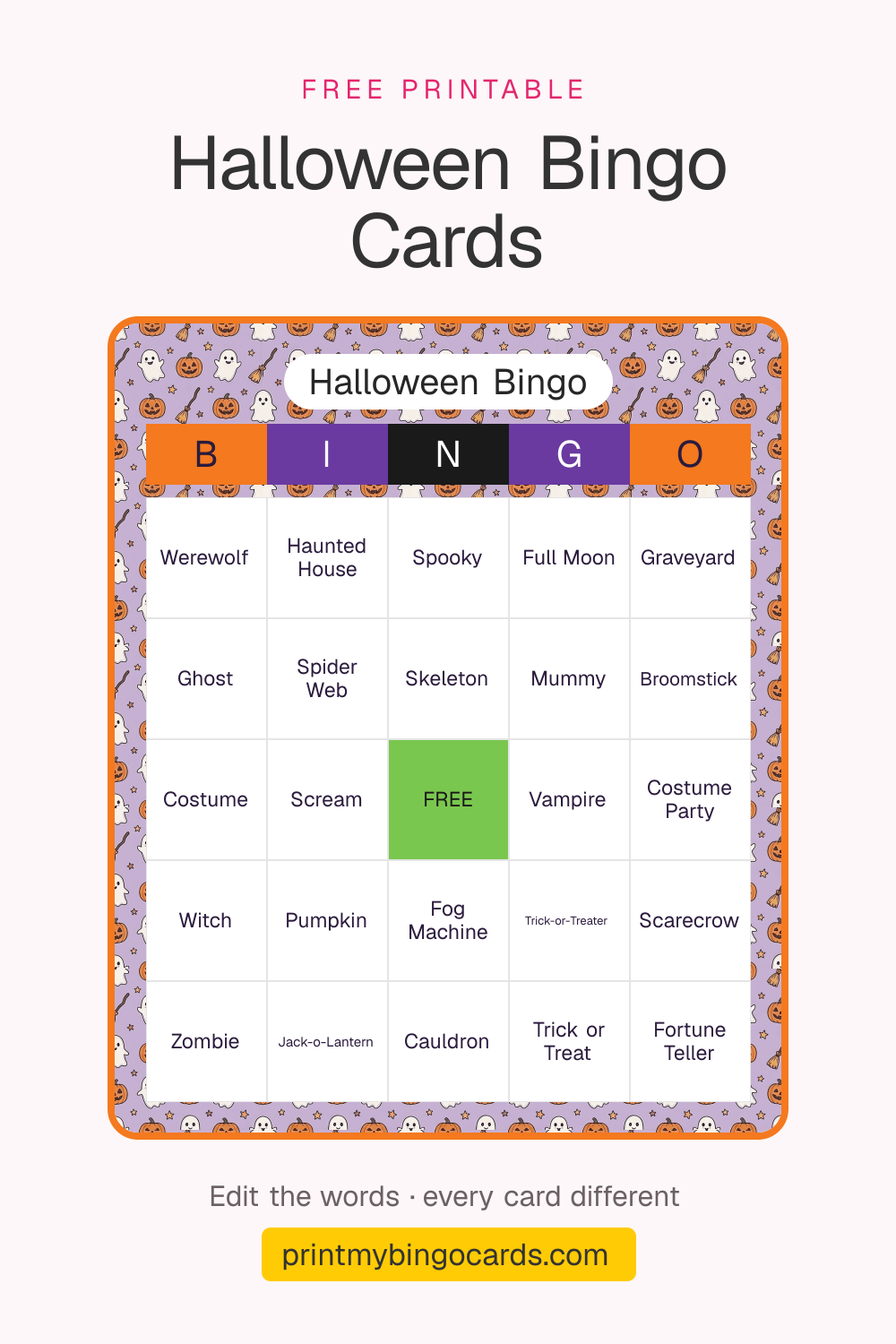 A printable 5×5 Halloween bingo card with Werewolf, Haunted House, Spooky and 21 more squares around a free space