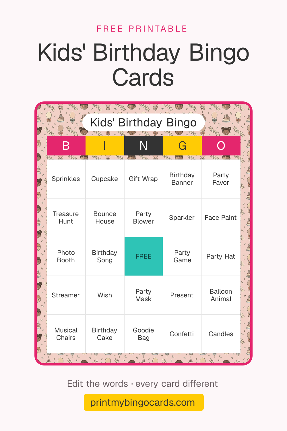 A printable 5×5 kids' birthday bingo card with Sprinkles, Cupcake, Gift Wrap and 21 more squares around a free space