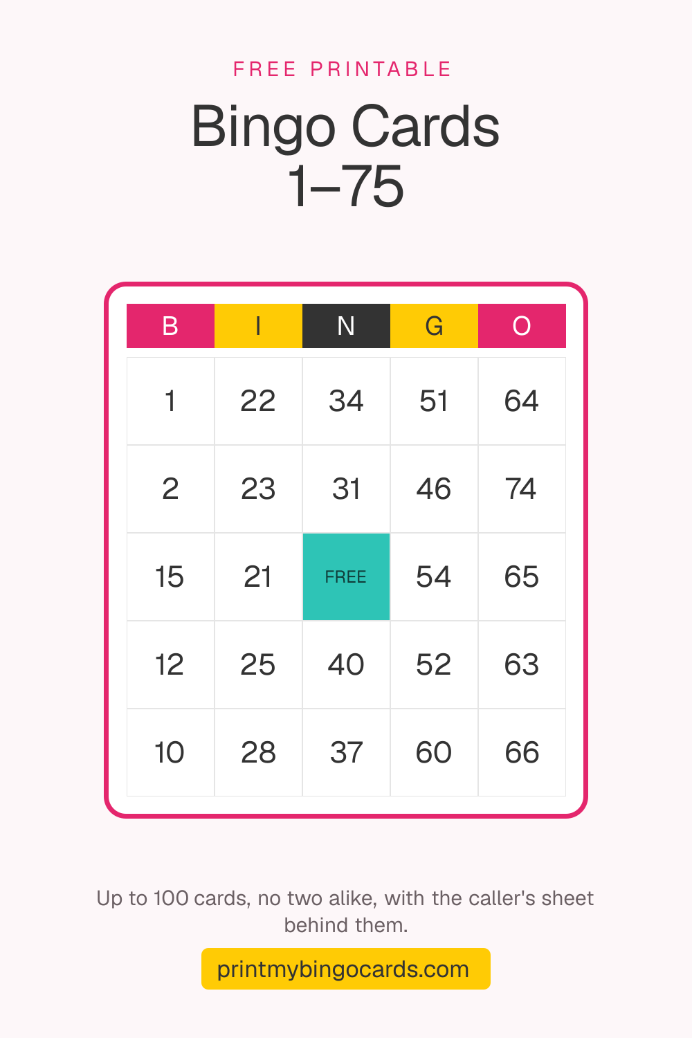 A printable 5×5 bingo card of numbers 1 to 75 with a free space in the middle